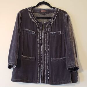 New Wrap Gray Velvet Silk Crepe Ruffle Trim Jacket Size US 14 UK 18